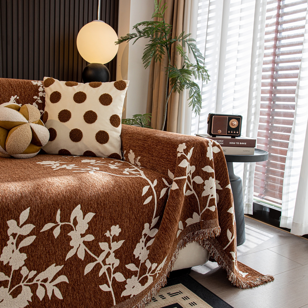 91家纺网 家纺一手货源 找家纺 沐沐家纺 2026新款青岚沙发巾 咖啡