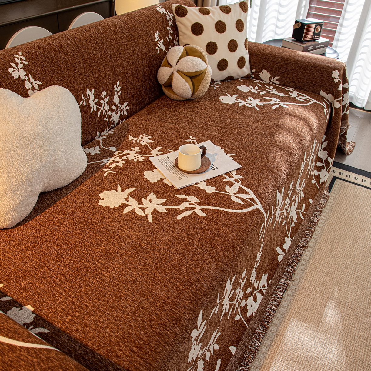 91家纺网 家纺一手货源 找家纺 沐沐家纺 2026新款青岚沙发巾 咖啡