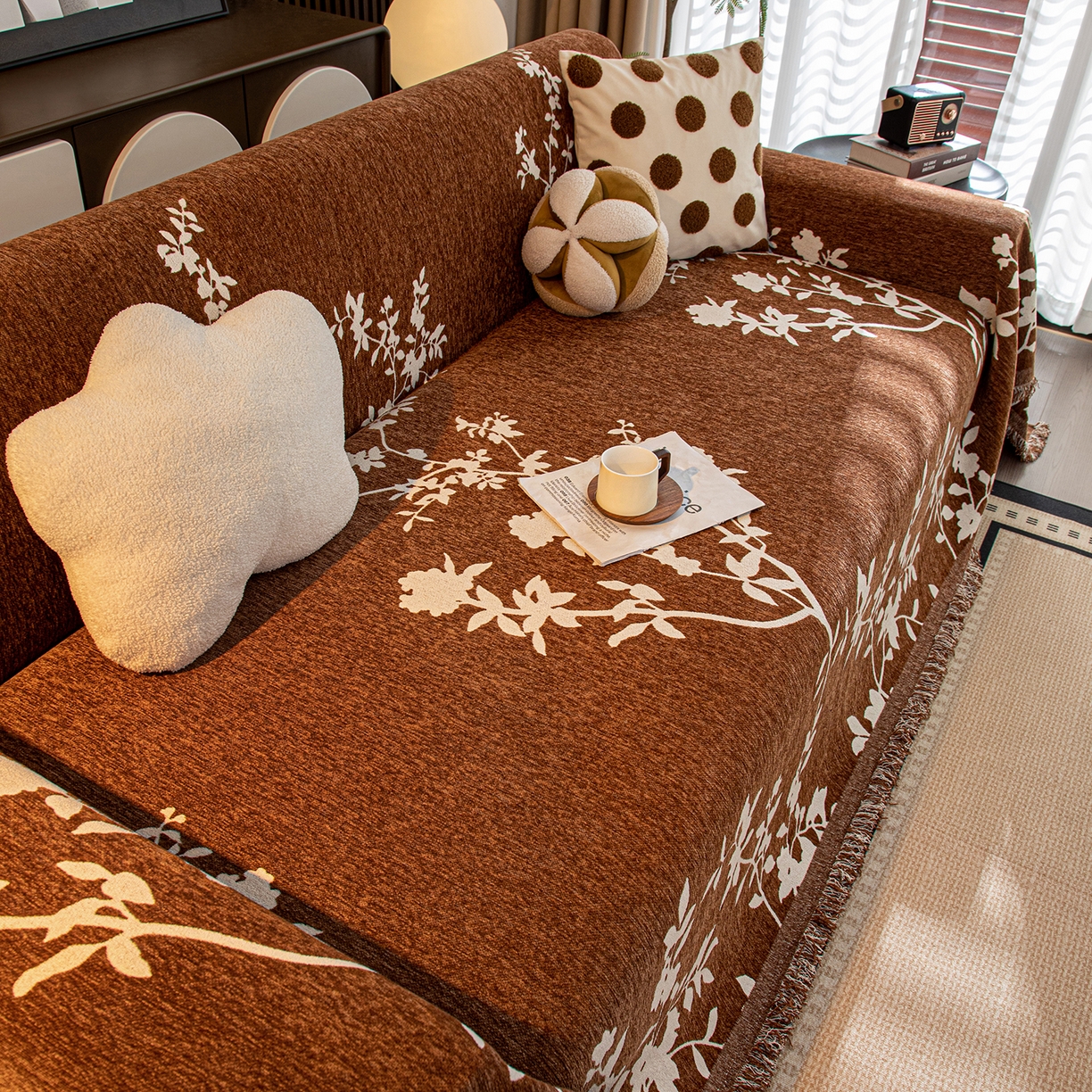 91家纺网 家纺一手货源 找家纺 沐沐家纺 2026新款青岚沙发巾 咖啡