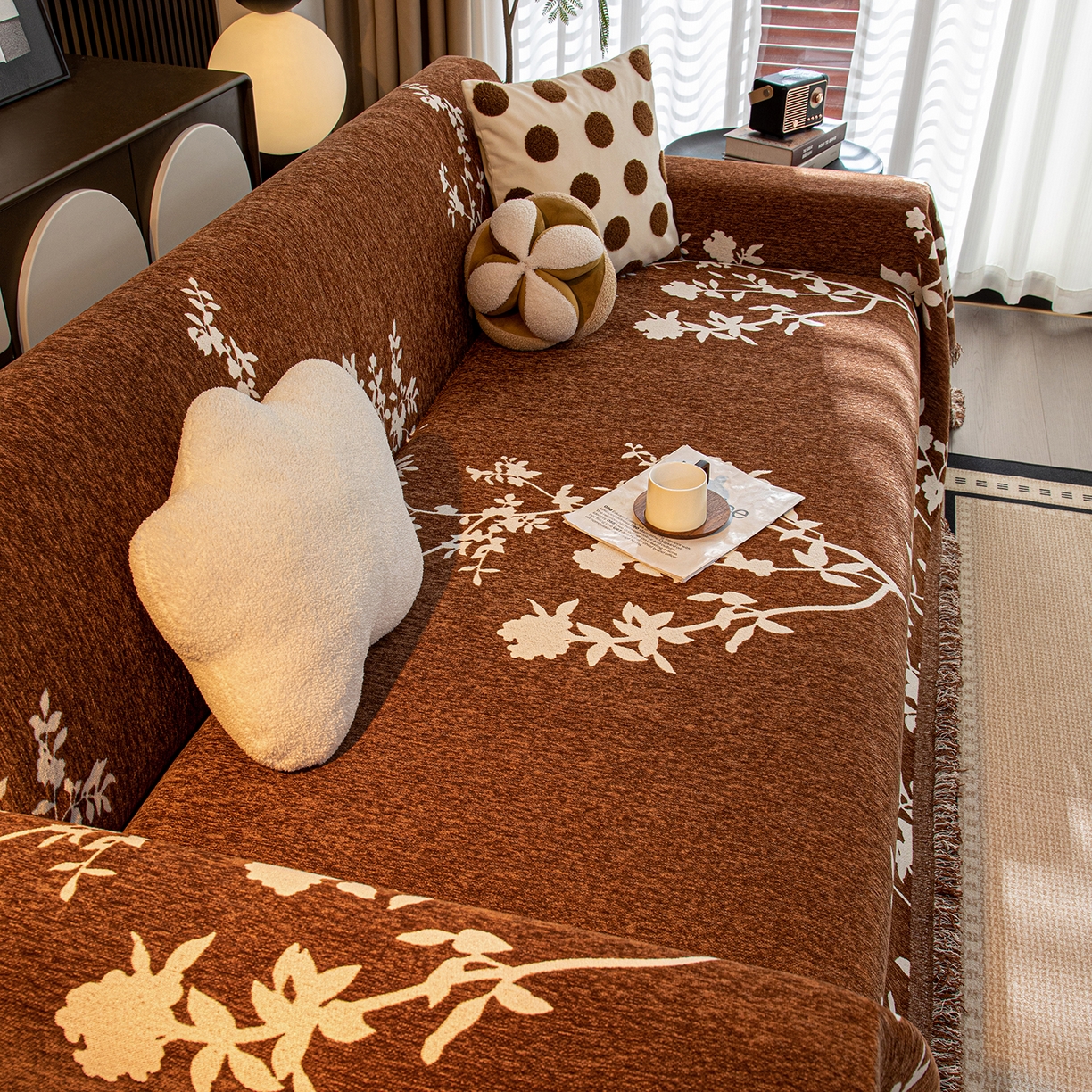 91家纺网 家纺一手货源 找家纺 沐沐家纺 2026新款青岚沙发巾 咖啡