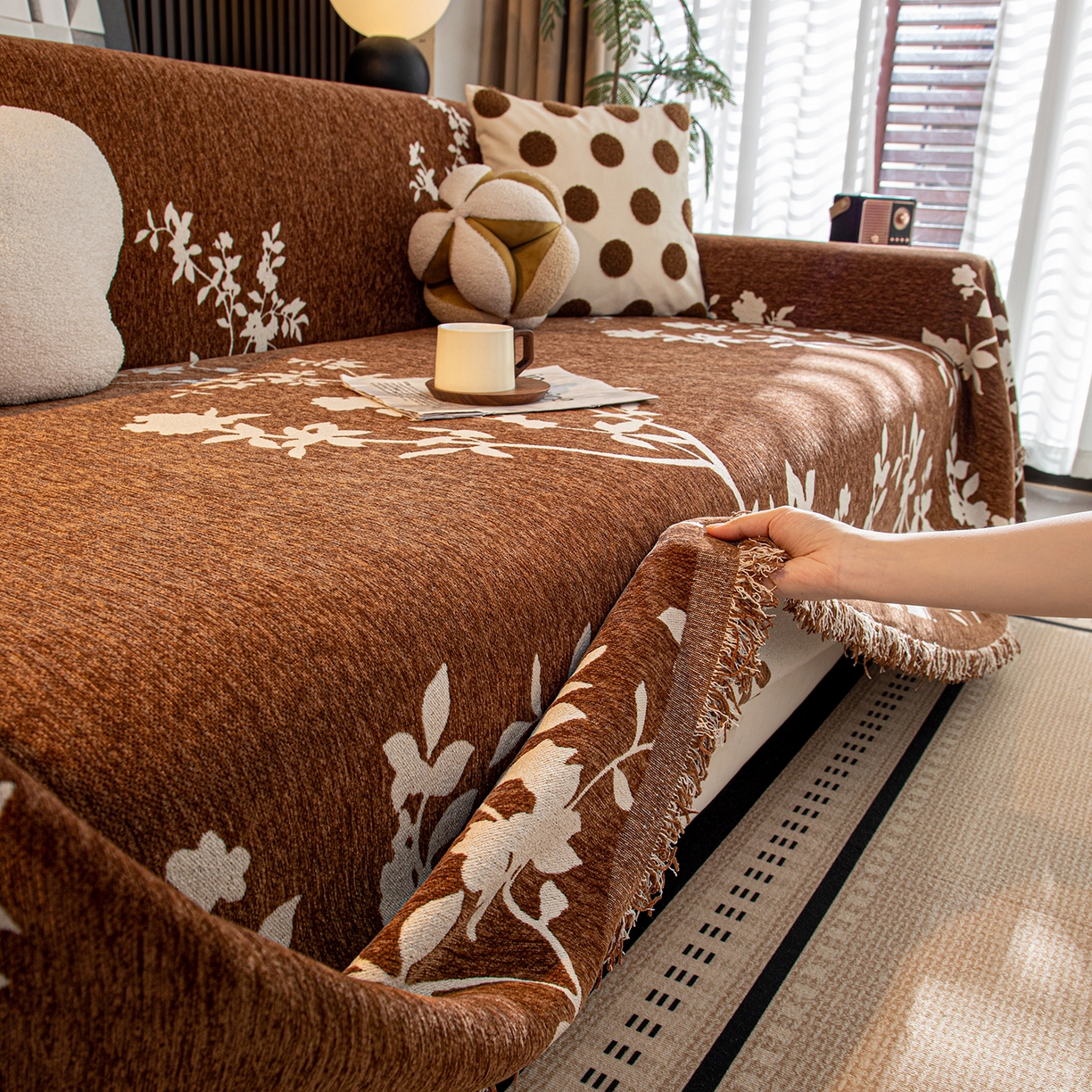 91家纺网 家纺一手货源 找家纺 沐沐家纺 2026新款青岚沙发巾 咖啡