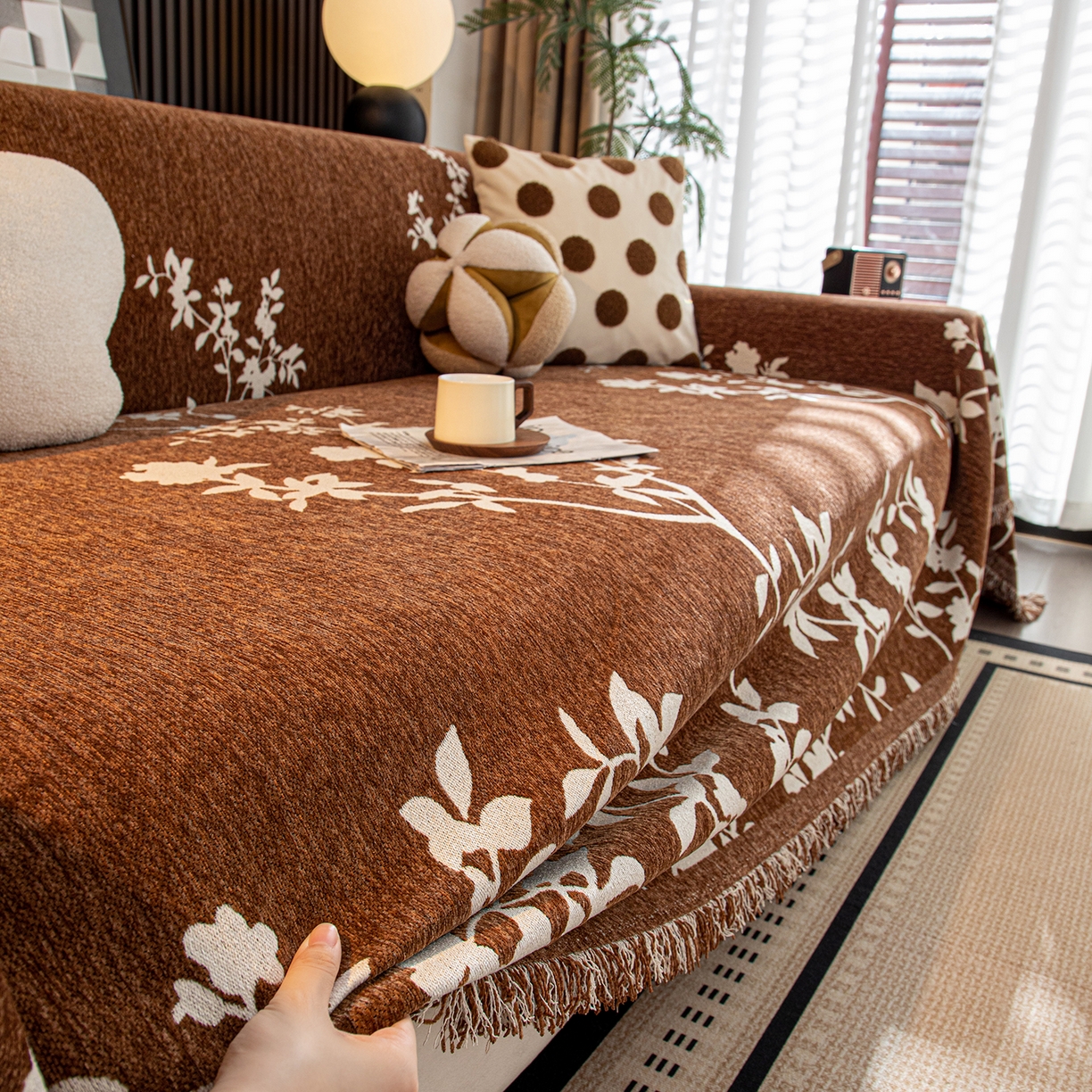 91家纺网 家纺一手货源 找家纺 沐沐家纺 2026新款青岚沙发巾 咖啡