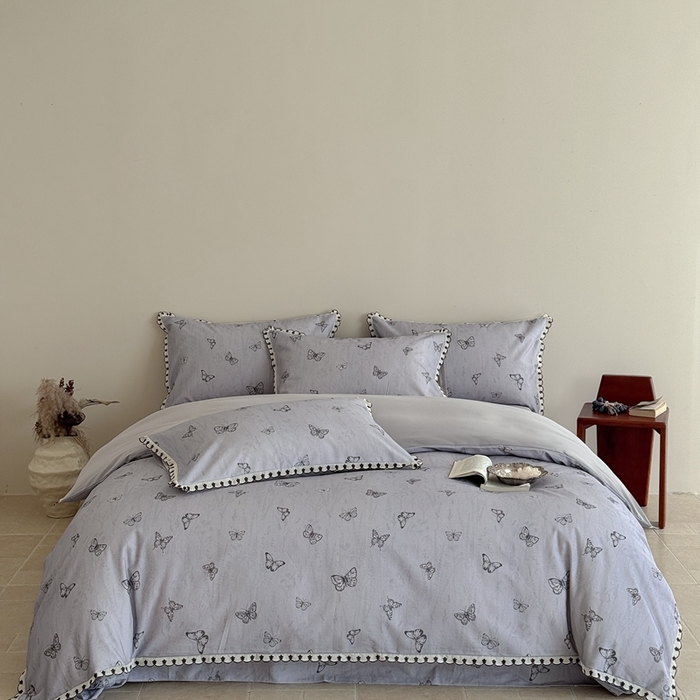 91家纺网 家纺一手货源 找家纺 于果 2025新款全棉纯棉生态磨毛花边款四件套 梦蝶