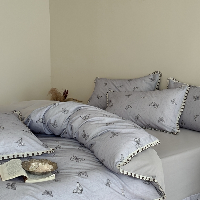 91家纺网 家纺一手货源 找家纺 于果 2025新款全棉纯棉生态磨毛花边款四件套 梦蝶