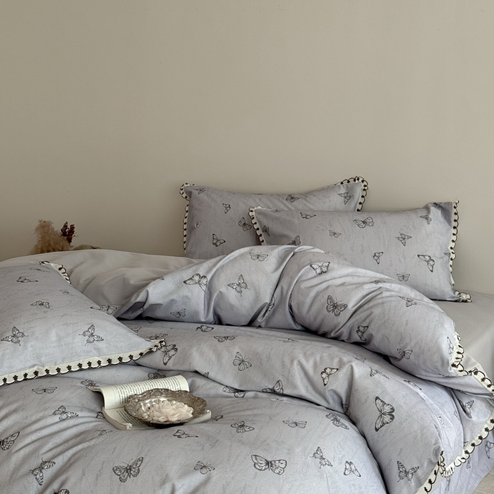 91家纺网 家纺一手货源 找家纺 于果 2025新款全棉纯棉生态磨毛花边款四件套 梦蝶