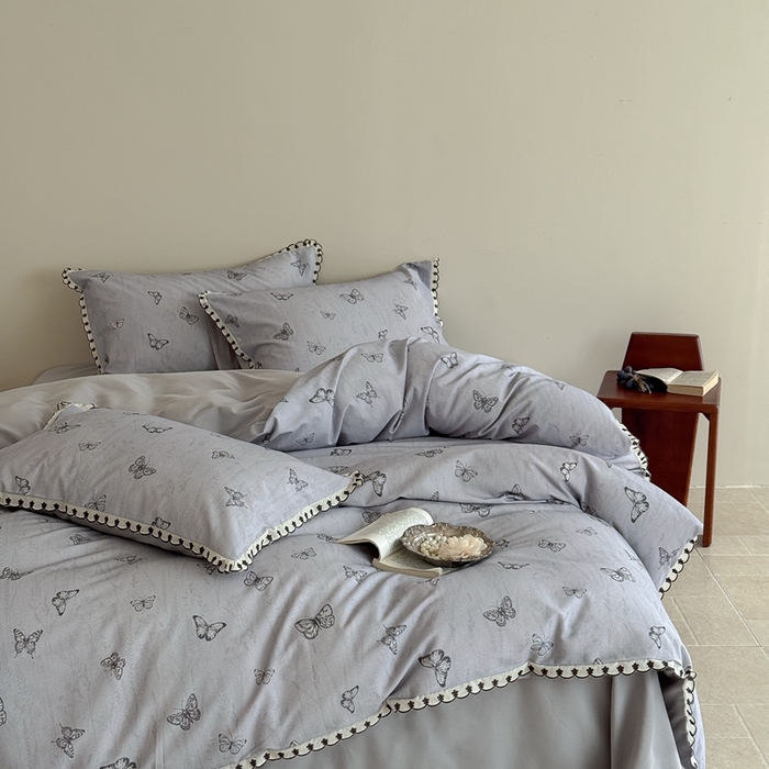 91家纺网 家纺一手货源 找家纺 于果 2025新款全棉纯棉生态磨毛花边款四件套 梦蝶