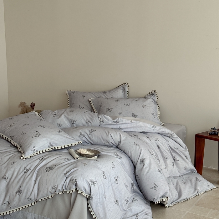 91家纺网 家纺一手货源 找家纺 于果 2025新款全棉纯棉生态磨毛花边款四件套 梦蝶