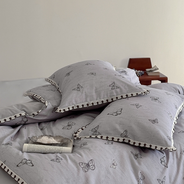 91家纺网 家纺一手货源 找家纺 于果 2025新款全棉纯棉生态磨毛花边款四件套 梦蝶