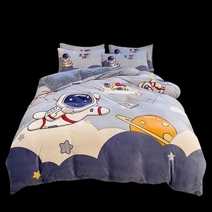 91家纺网 家纺一手货源 找家纺 丝羽坊 2025新款A类大版牛奶绒印花四件套 快乐星球