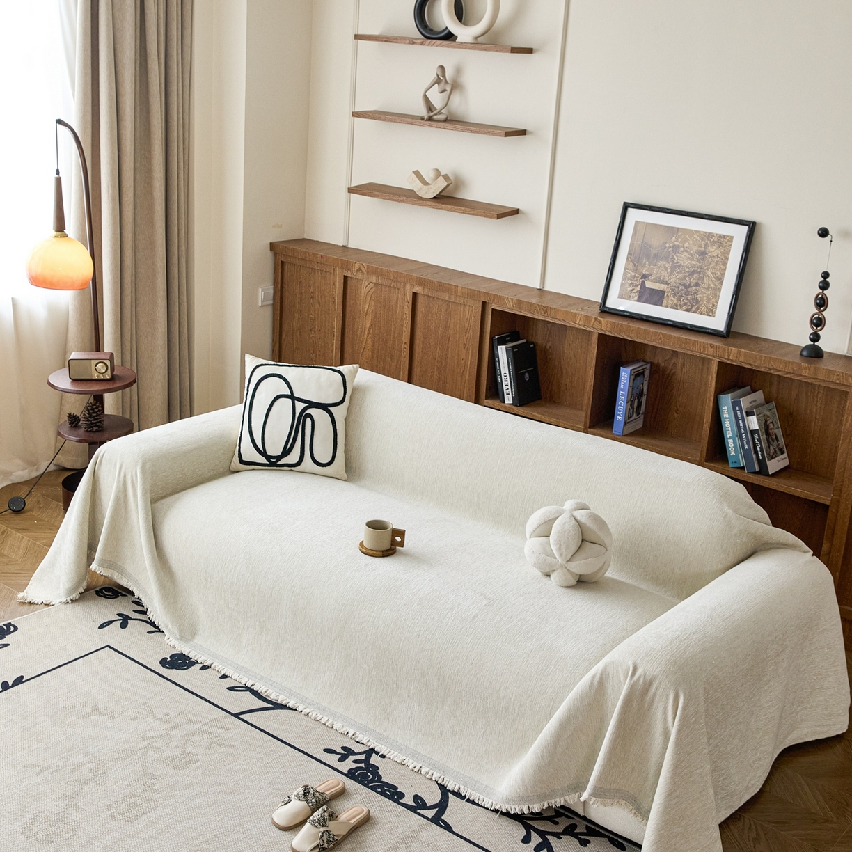 91家纺网 家纺一手货源 找家纺 沐沐家纺 2026新款亮丝沙发巾 米白