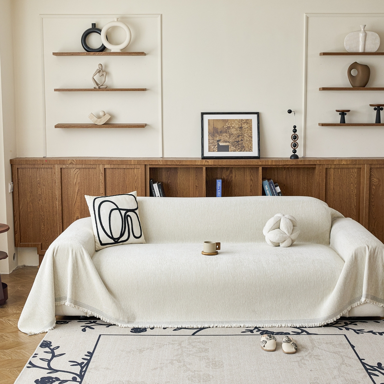 91家纺网 家纺一手货源 找家纺 沐沐家纺 2026新款亮丝沙发巾 米白