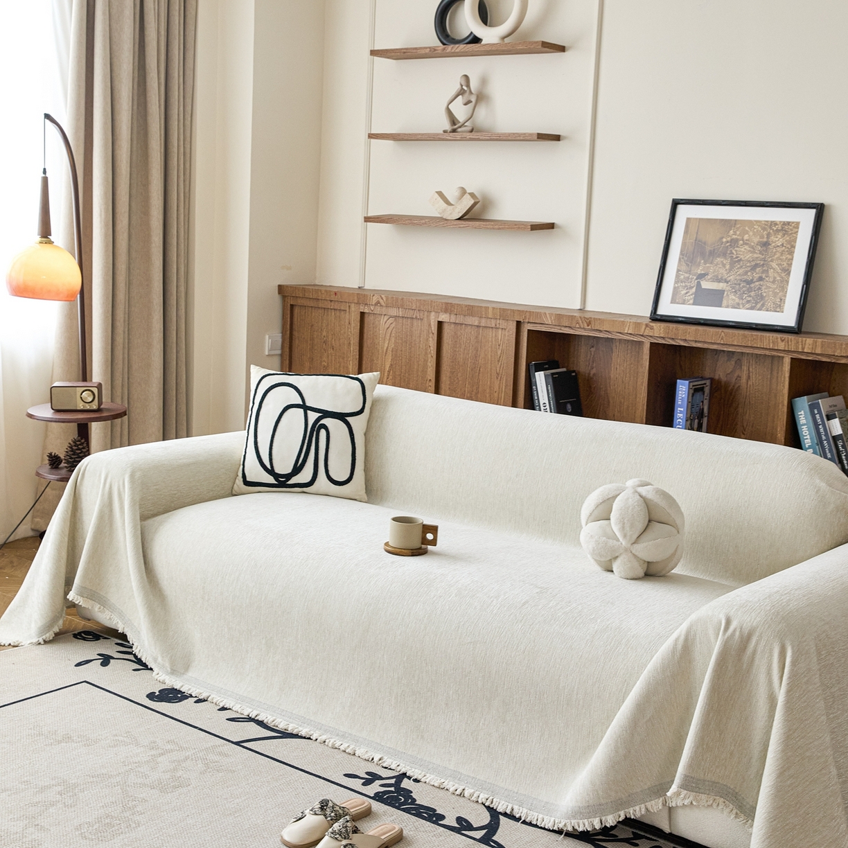 91家纺网 家纺一手货源 找家纺 沐沐家纺 2026新款亮丝沙发巾 米白