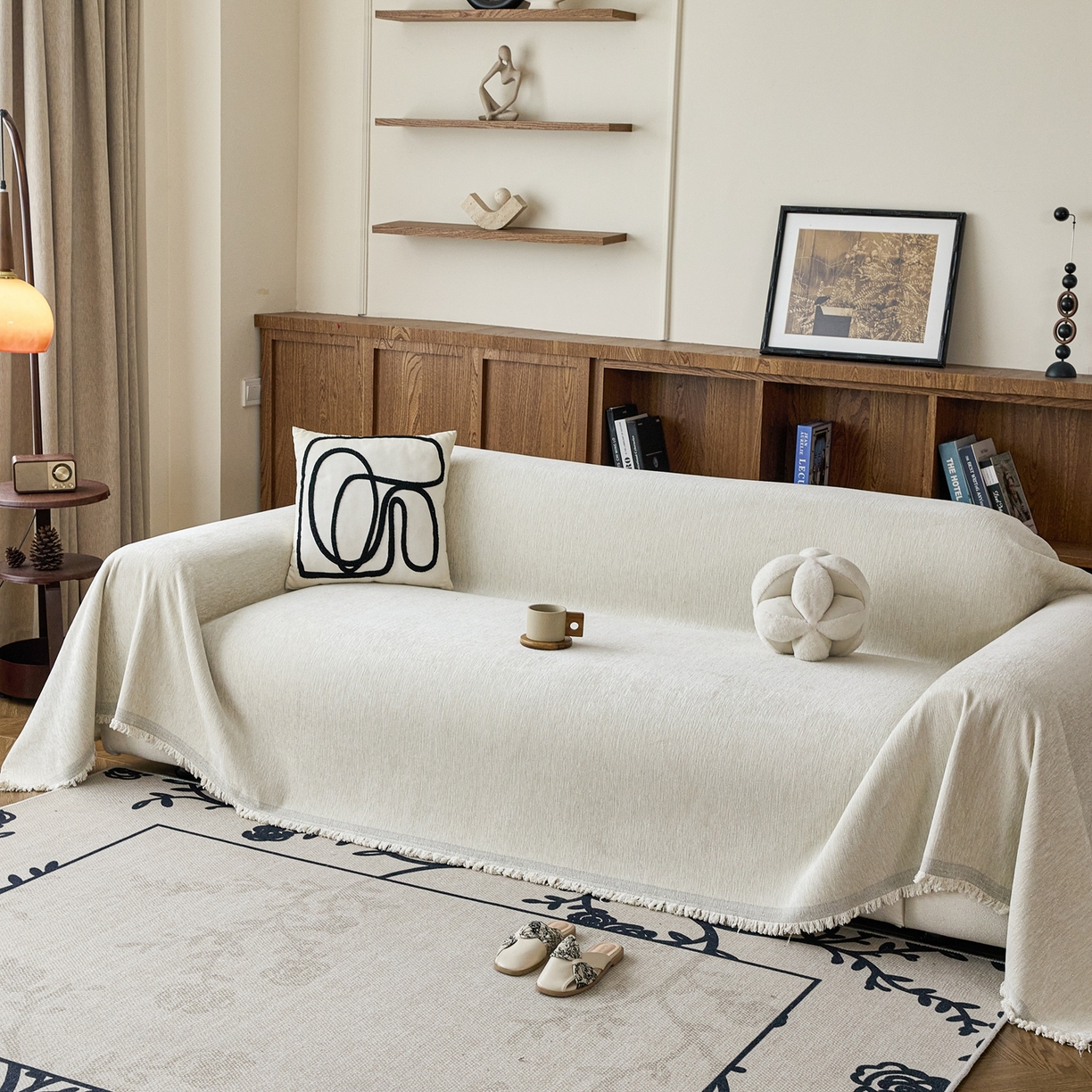 91家纺网 家纺一手货源 找家纺 沐沐家纺 2026新款亮丝沙发巾 米白