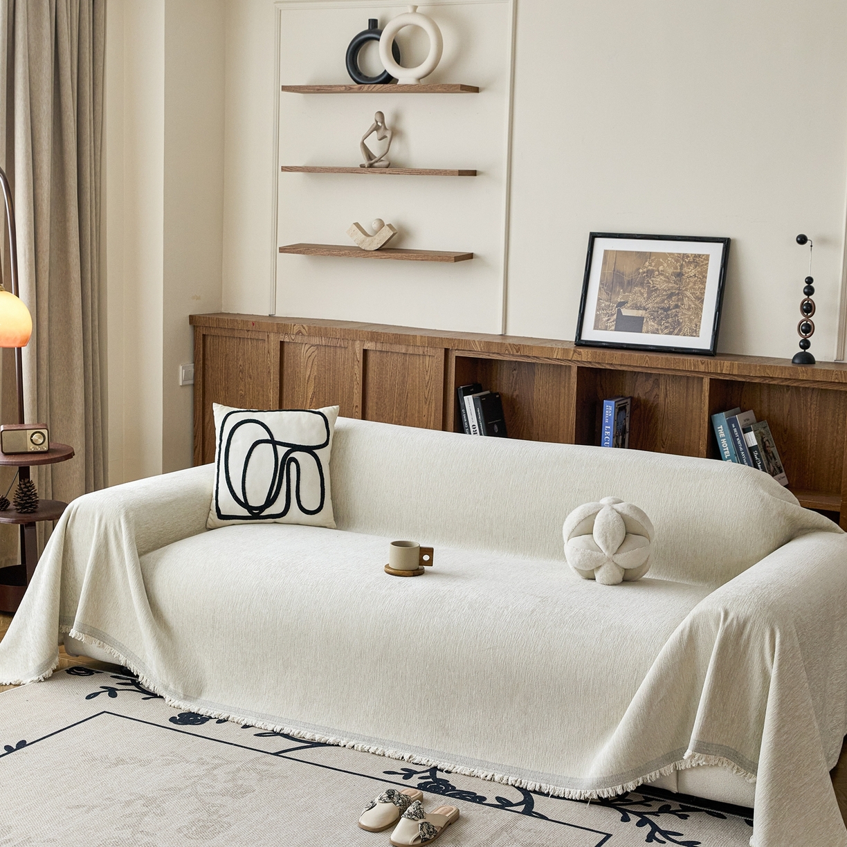 91家纺网 家纺一手货源 找家纺 沐沐家纺 2026新款亮丝沙发巾 米白