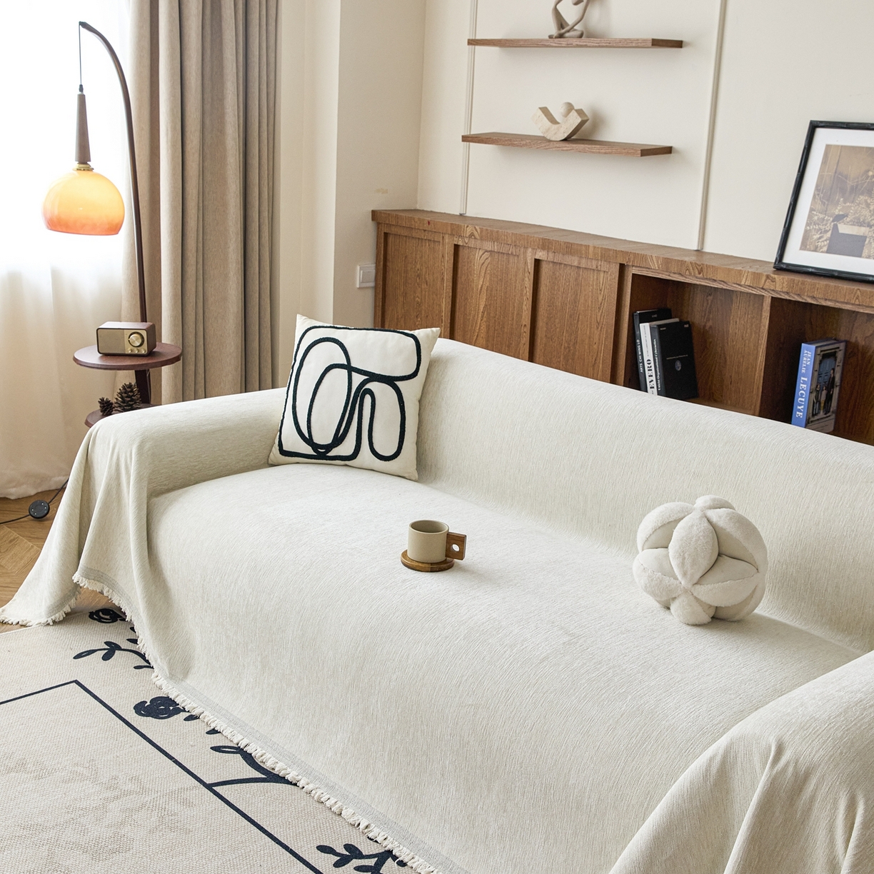 91家纺网 家纺一手货源 找家纺 沐沐家纺 2026新款亮丝沙发巾 米白