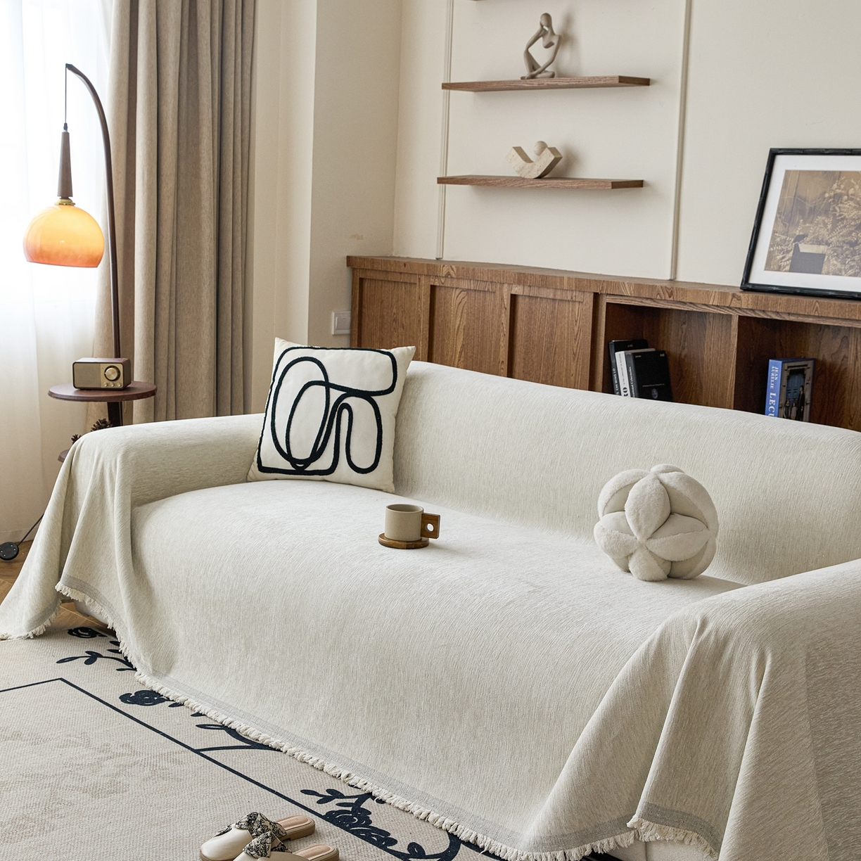 91家纺网 家纺一手货源 找家纺 沐沐家纺 2026新款亮丝沙发巾 米白