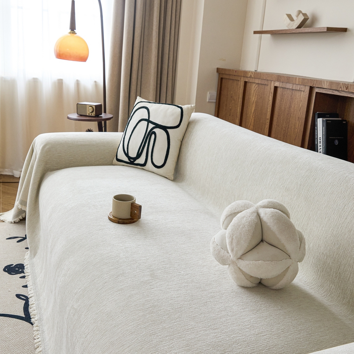 91家纺网 家纺一手货源 找家纺 沐沐家纺 2026新款亮丝沙发巾 米白