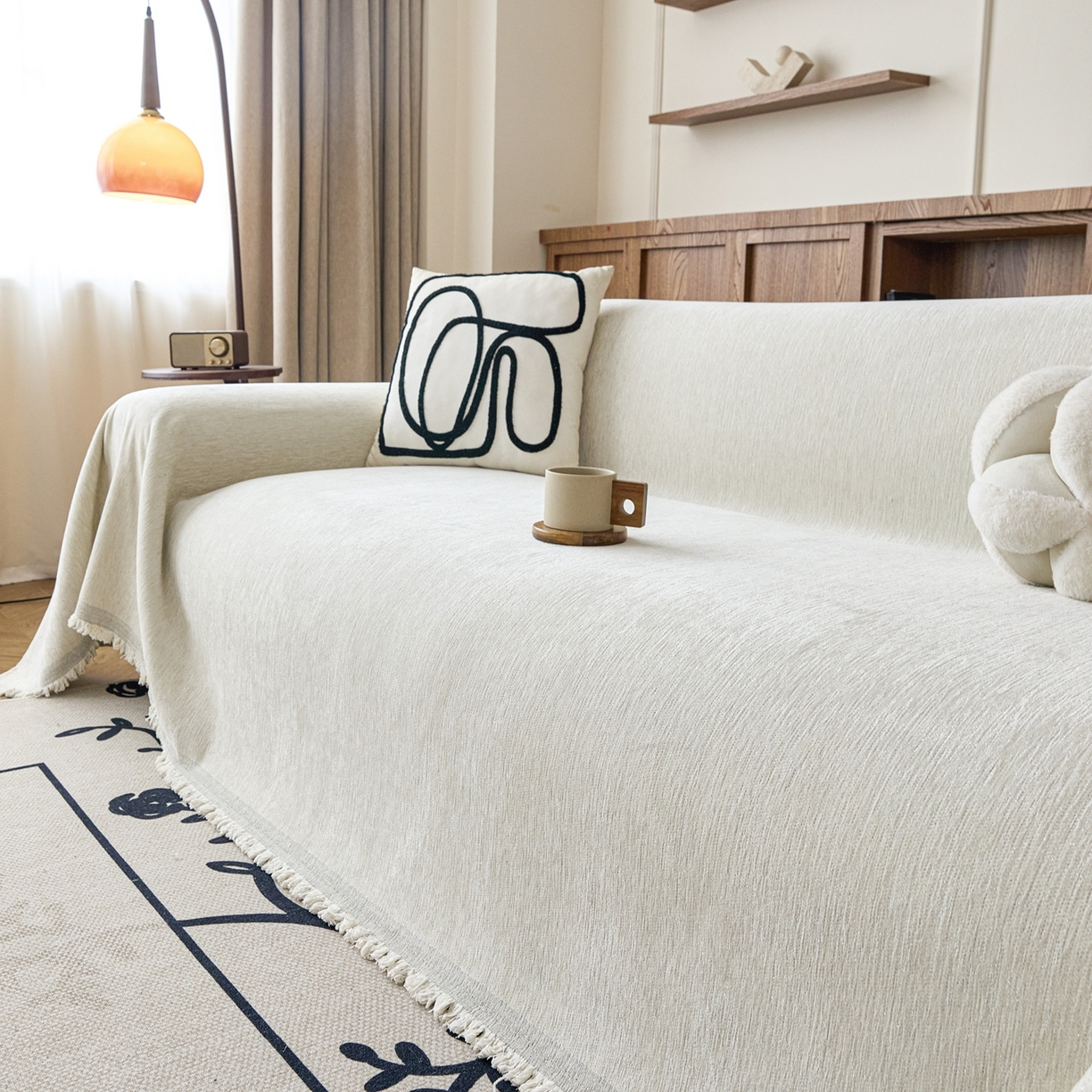 91家纺网 家纺一手货源 找家纺 沐沐家纺 2026新款亮丝沙发巾 米白