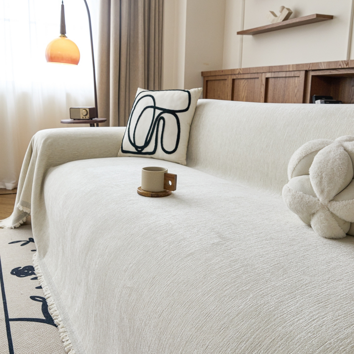 沐沐家纺 2026新款亮丝沙发巾 米白