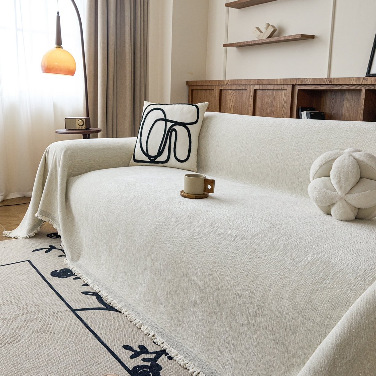 91家纺网 家纺一手货源 找家纺 沐沐家纺 2026新款亮丝沙发巾 米白