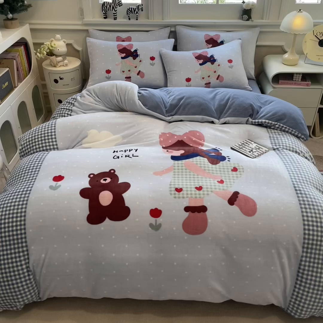 91家纺网 家纺一手货源 找家纺 丝羽坊 2025新款A类大版牛奶绒印花四件套 甜美公主