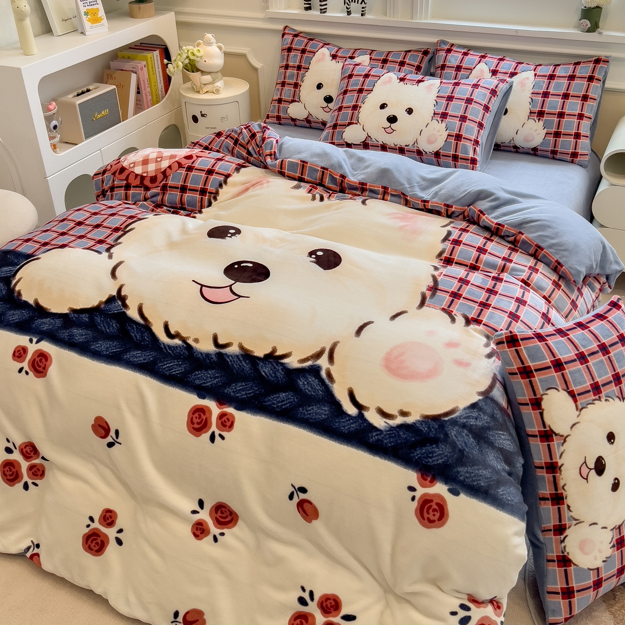 91家纺网 家纺一手货源 找家纺 丝羽坊 2025新款A类大版牛奶绒印花四件套 小萌狗