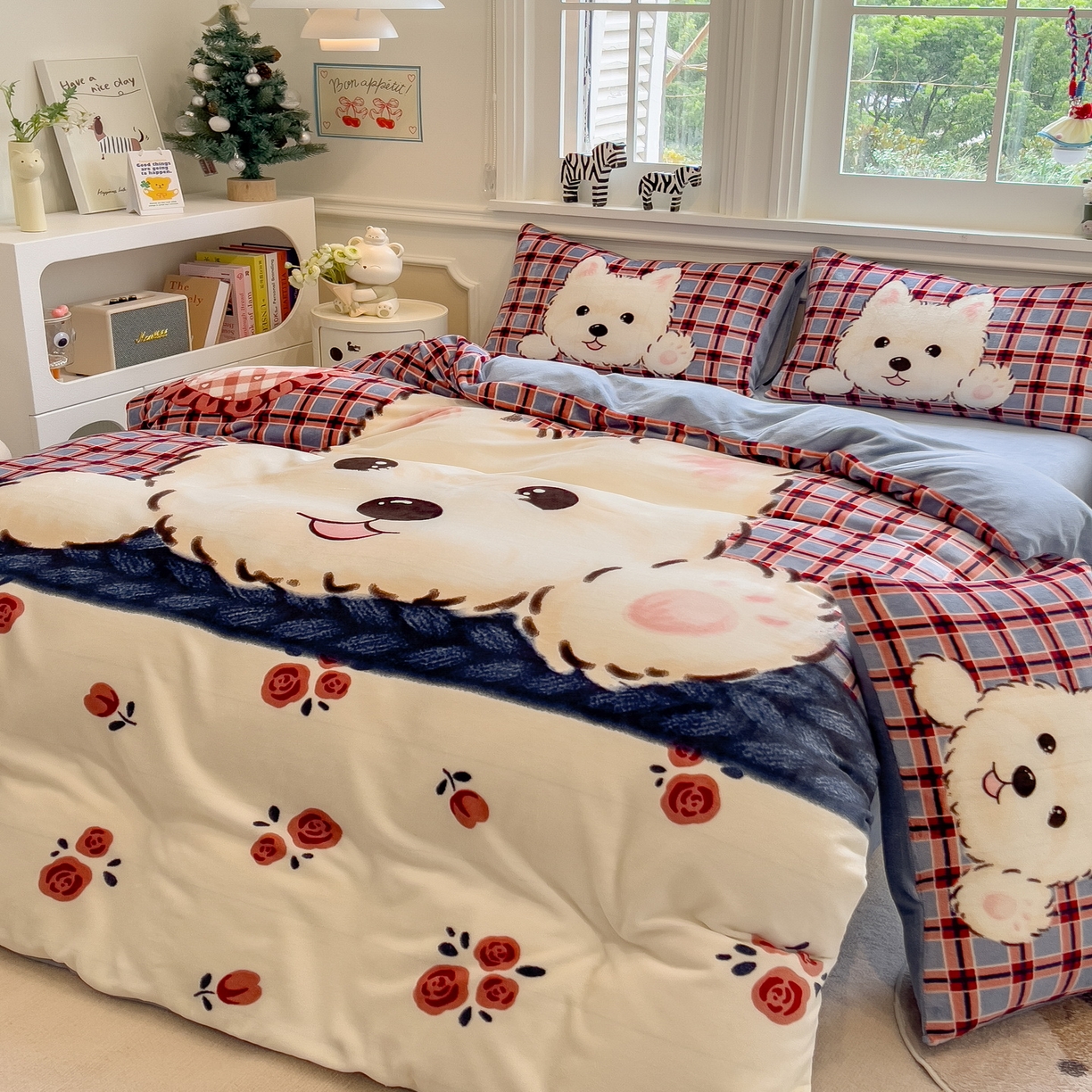 91家纺网 家纺一手货源 找家纺 丝羽坊 2025新款A类大版牛奶绒印花四件套 小萌狗