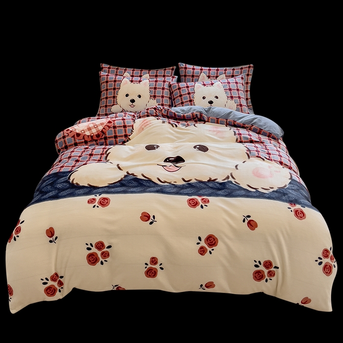 91家纺网 家纺一手货源 找家纺 丝羽坊 2025新款A类大版牛奶绒印花四件套 小萌狗