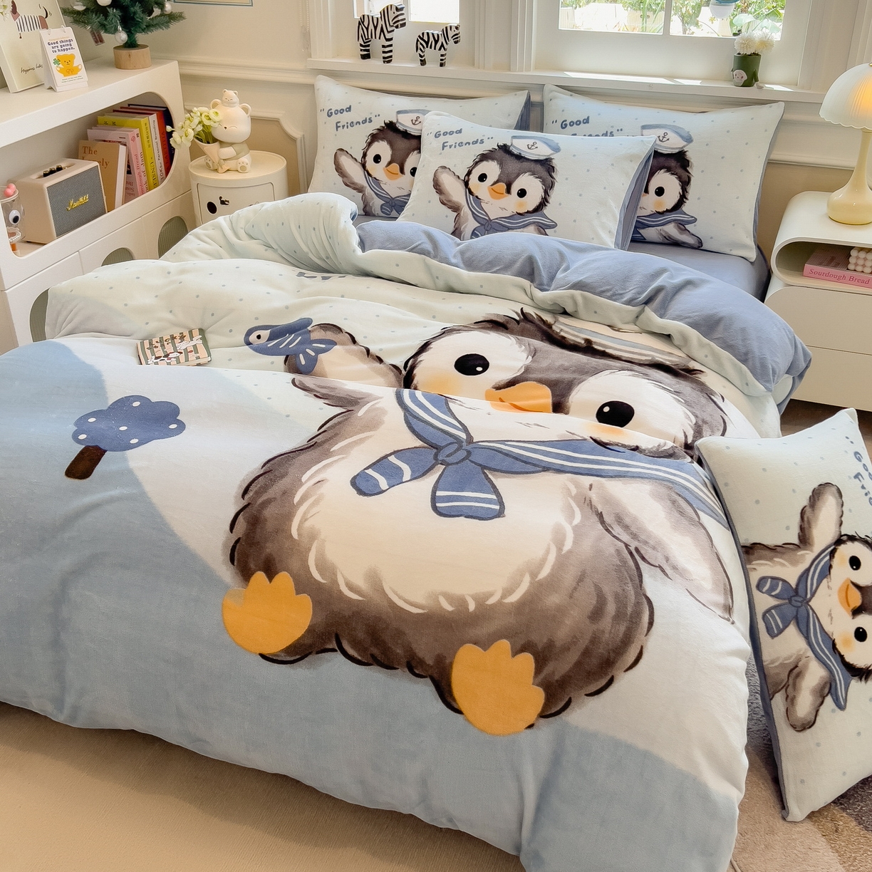 91家纺网 家纺一手货源 找家纺 丝羽坊 2025新款A类大版牛奶绒印花四件套 企鹅宝宝