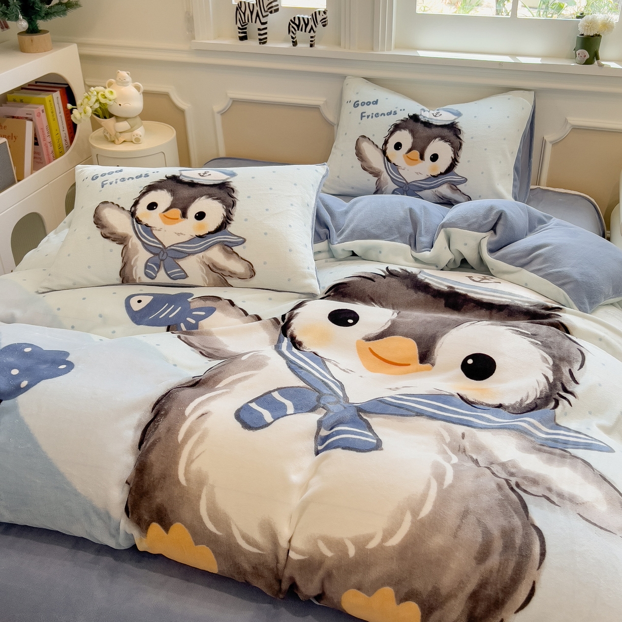 91家纺网 家纺一手货源 找家纺 丝羽坊 2025新款A类大版牛奶绒印花四件套 企鹅宝宝