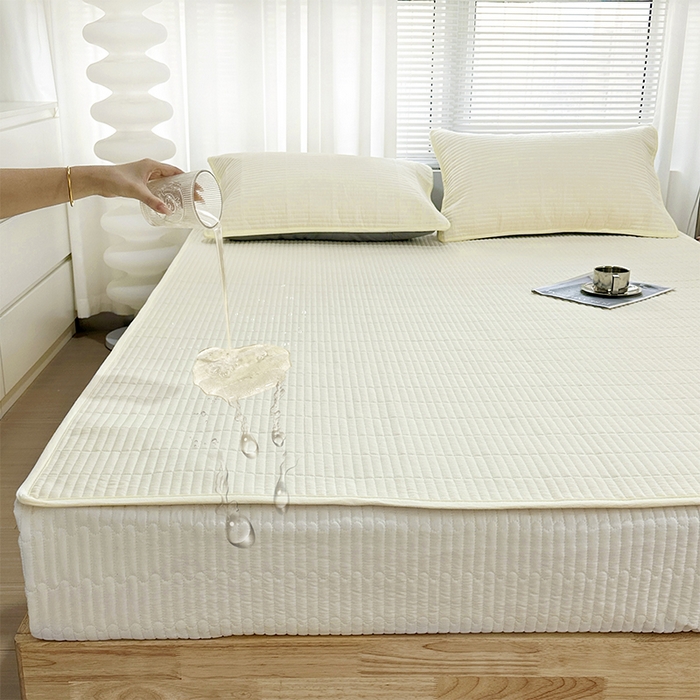 91家纺网 家纺一手货源 找家纺 拾小柒 2025新款纯色全棉色织水洗棉防水隔尿床护垫床盖 鹅黄色