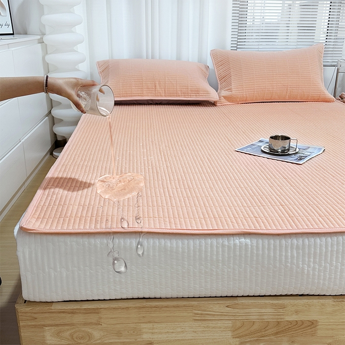 91家纺网 家纺一手货源 找家纺 拾小柒 2025新款纯色全棉色织水洗棉防水隔尿床护垫床盖 粉玉色