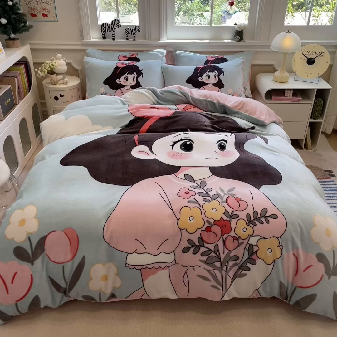 91家纺网 家纺一手货源 找家纺 丝羽坊 2025新款A类大版牛奶绒印花四件套 爱丽丝