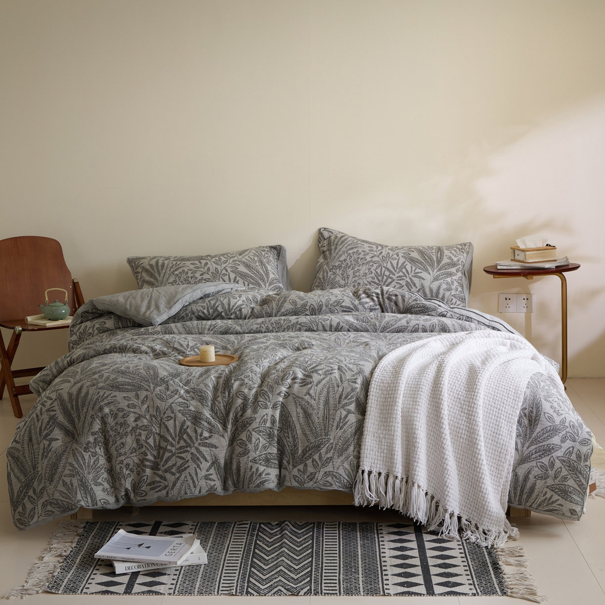 91家纺网 家纺一手货源 找家纺 一加一 2025新款棉麻大提花抗菌被子被芯 繁花-石青