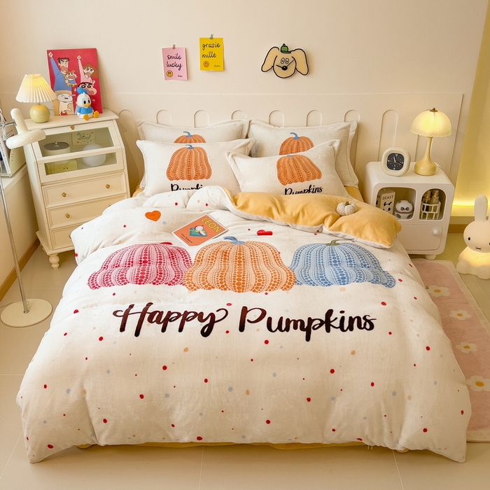 91家纺网 家纺一手货源 找家纺 丝羽坊 2025新款A类大版牛奶绒印花四件套 南瓜派