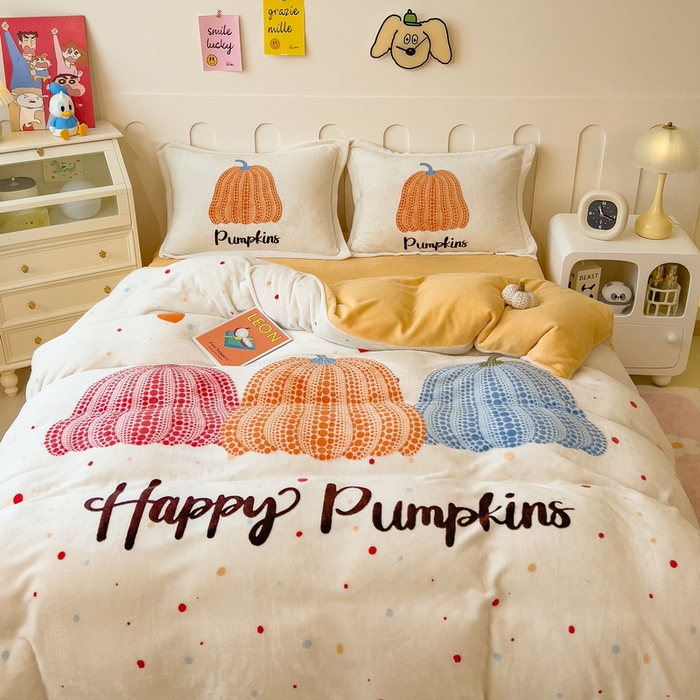 91家纺网 家纺一手货源 找家纺 丝羽坊 2025新款A类大版牛奶绒印花四件套 南瓜派