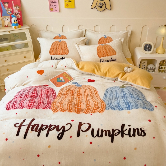 91家纺网 家纺一手货源 找家纺 丝羽坊 2025新款A类大版牛奶绒印花四件套 南瓜派