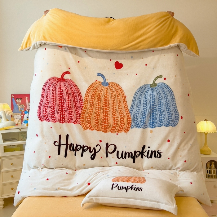 91家纺网 家纺一手货源 找家纺 丝羽坊 2025新款A类大版牛奶绒印花四件套 南瓜派