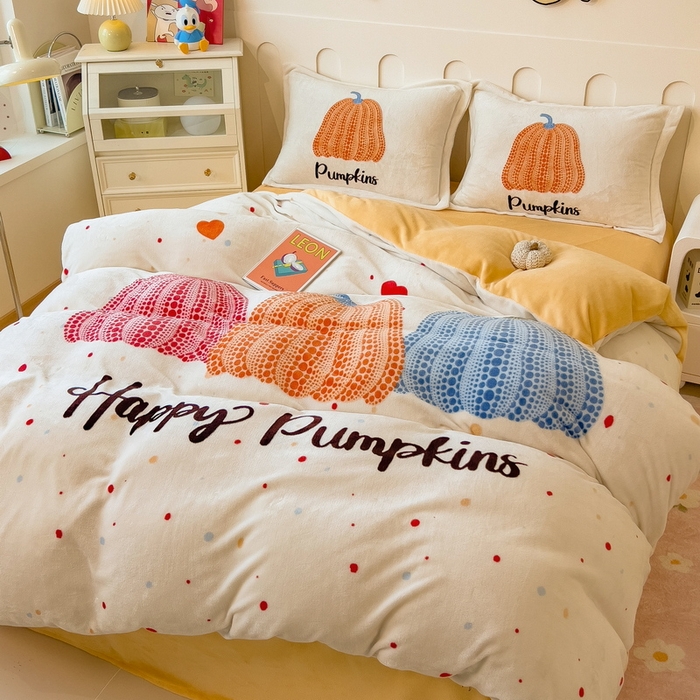 91家纺网 家纺一手货源 找家纺 丝羽坊 2025新款A类大版牛奶绒印花四件套 南瓜派