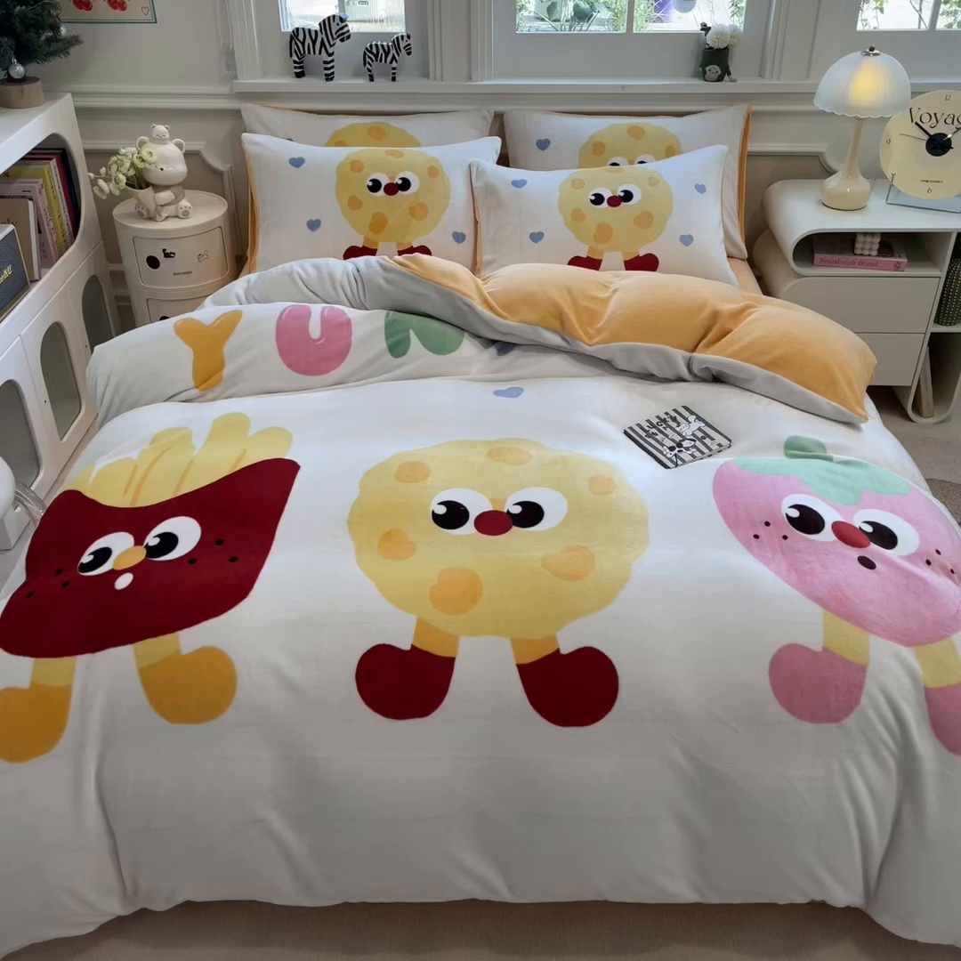 91家纺网 家纺一手货源 找家纺 丝羽坊 2025新款A类大版牛奶绒印花四件套 甜甜圈