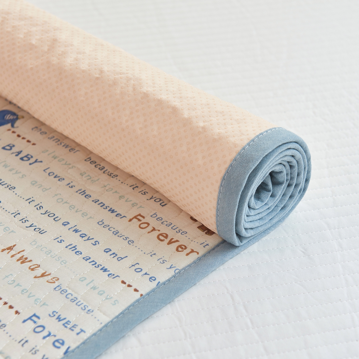 91家纺网 家纺一手货源 找家纺 拾小柒 2025年新款全棉双层纱防水隔脏姨妈垫护理垫隔尿垫 英文象蓝（防水款）