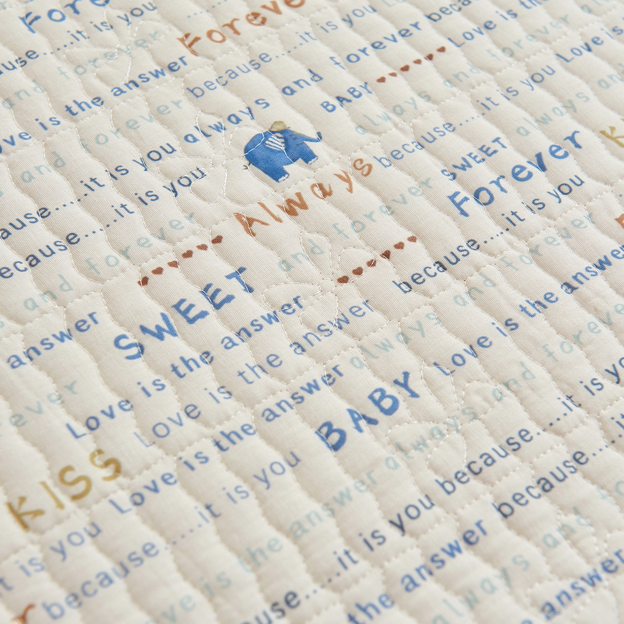 91家纺网 家纺一手货源 找家纺 拾小柒 2025年新款全棉双层纱防水隔脏姨妈垫护理垫隔尿垫 英文象蓝（防水款）