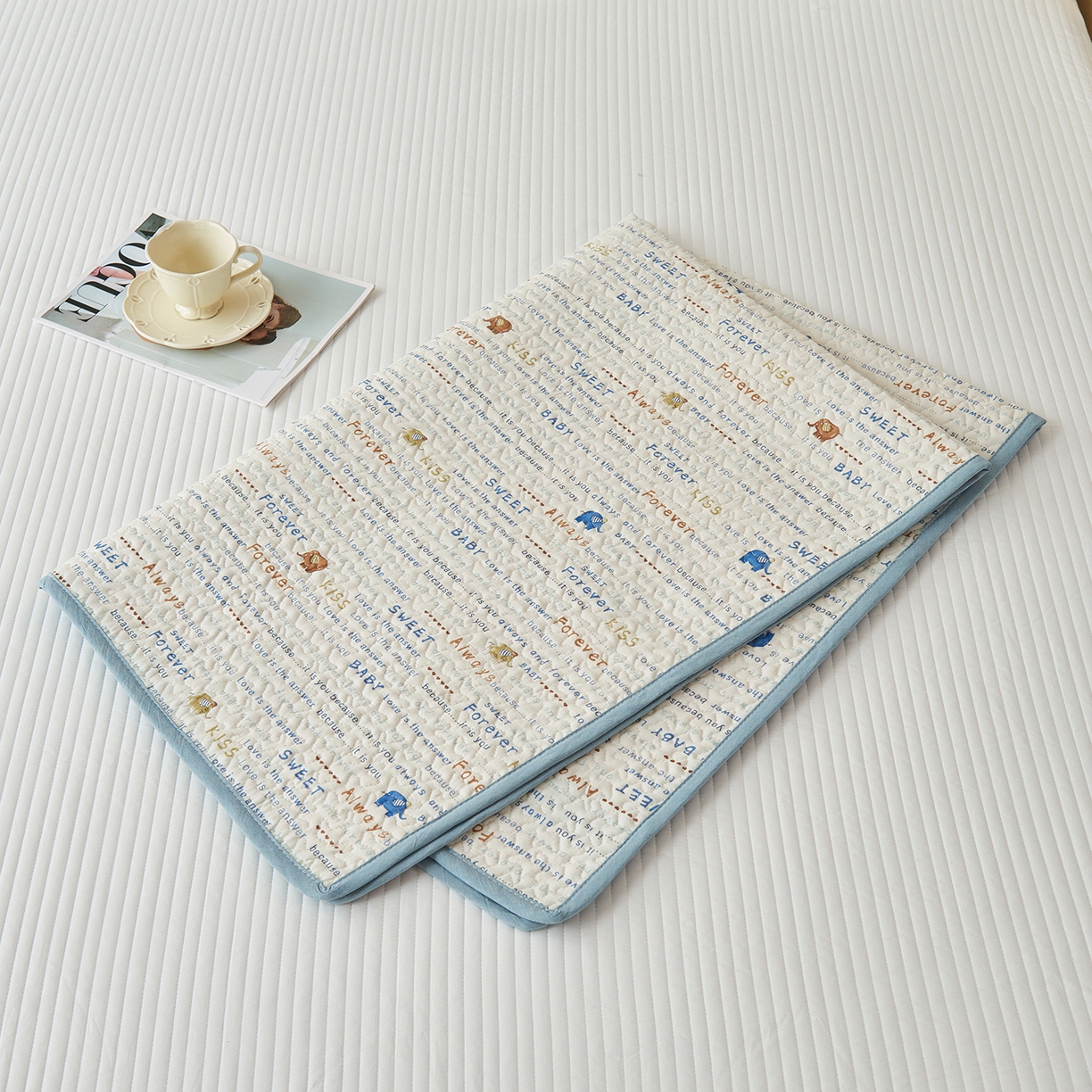 91家纺网 家纺一手货源 找家纺 拾小柒 2025年新款全棉双层纱防水隔脏姨妈垫护理垫隔尿垫 英文象蓝（透气款）