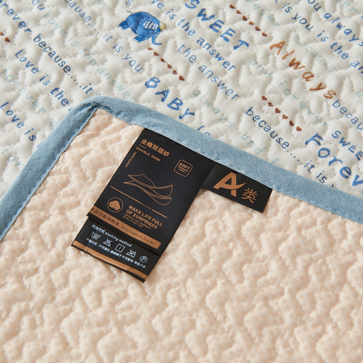 91家纺网 家纺一手货源 找家纺 拾小柒 2025年新款全棉双层纱防水隔脏姨妈垫护理垫隔尿垫 英文象蓝（透气款）