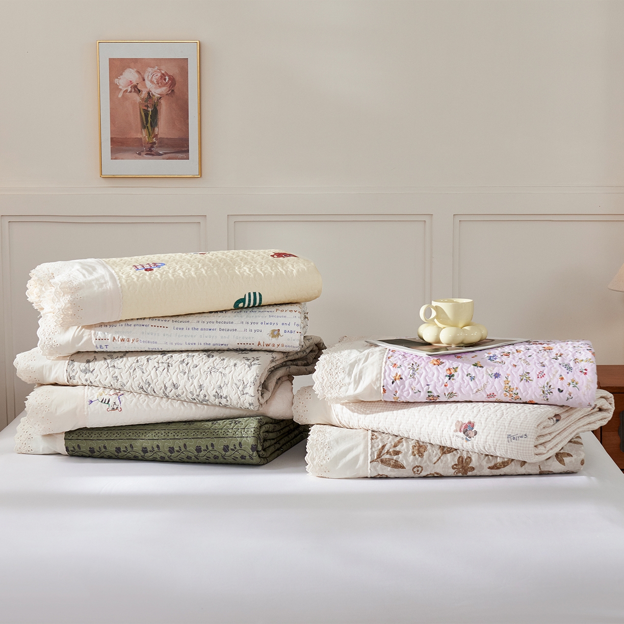 拾小柒 2025年新款全棉双层纱床盖花边法式中古奶油风防滑床盖三件套 叠拍