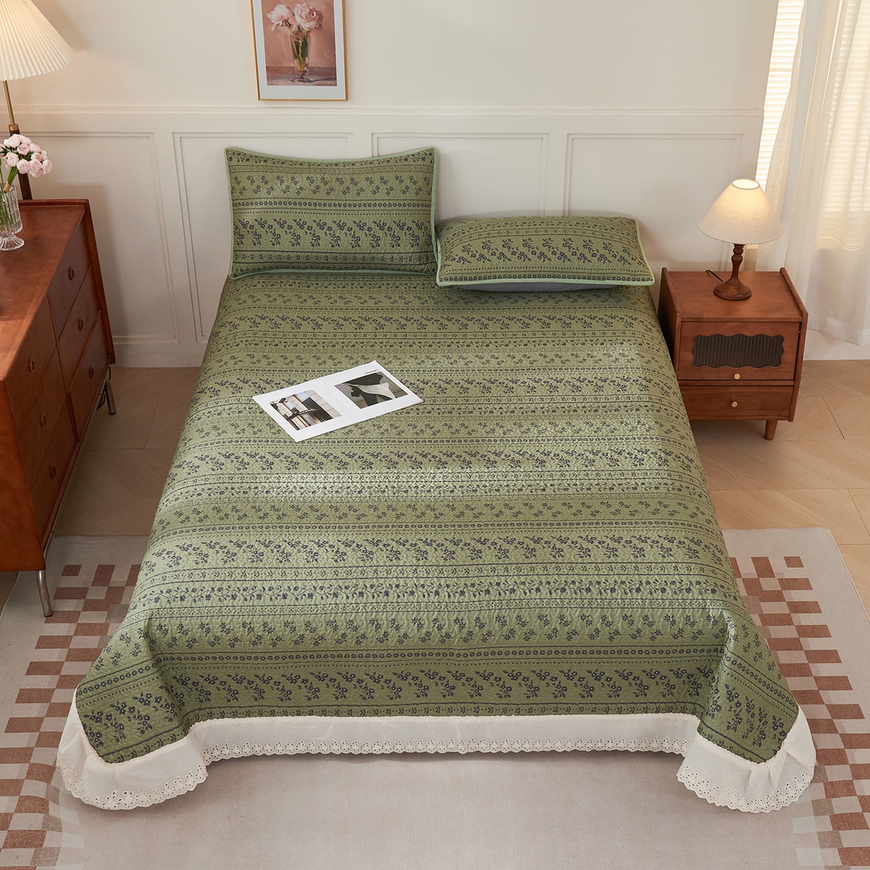 91家纺网 家纺一手货源 找家纺 （总）拾小柒 2025年新款全棉双层纱床盖花边法式中古奶油风防滑床盖三件套