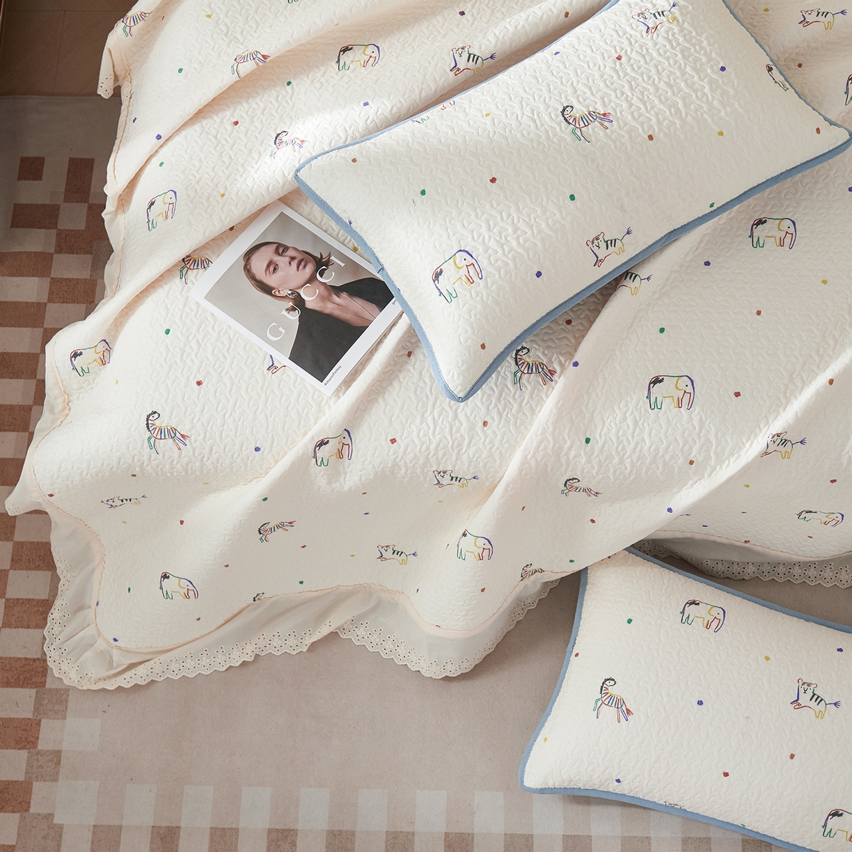 拾小柒 2025年新款全棉双层纱床盖花边法式中古奶油风防滑床盖三件套 七彩童年