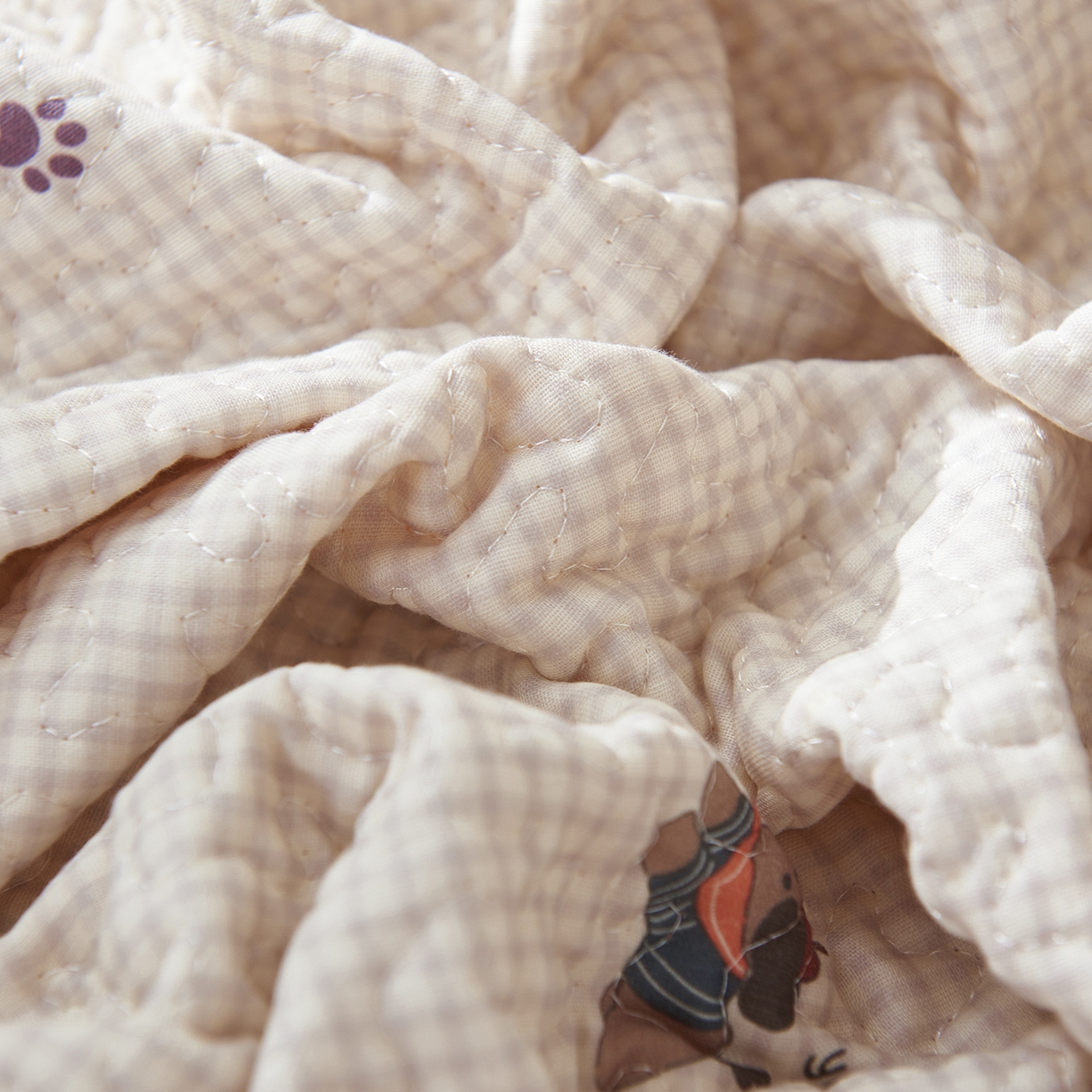 91家纺网 家纺一手货源 找家纺 拾小柒 2025年新款全棉双层纱床盖花边法式中古奶油风防滑床盖三件套 格子狗米