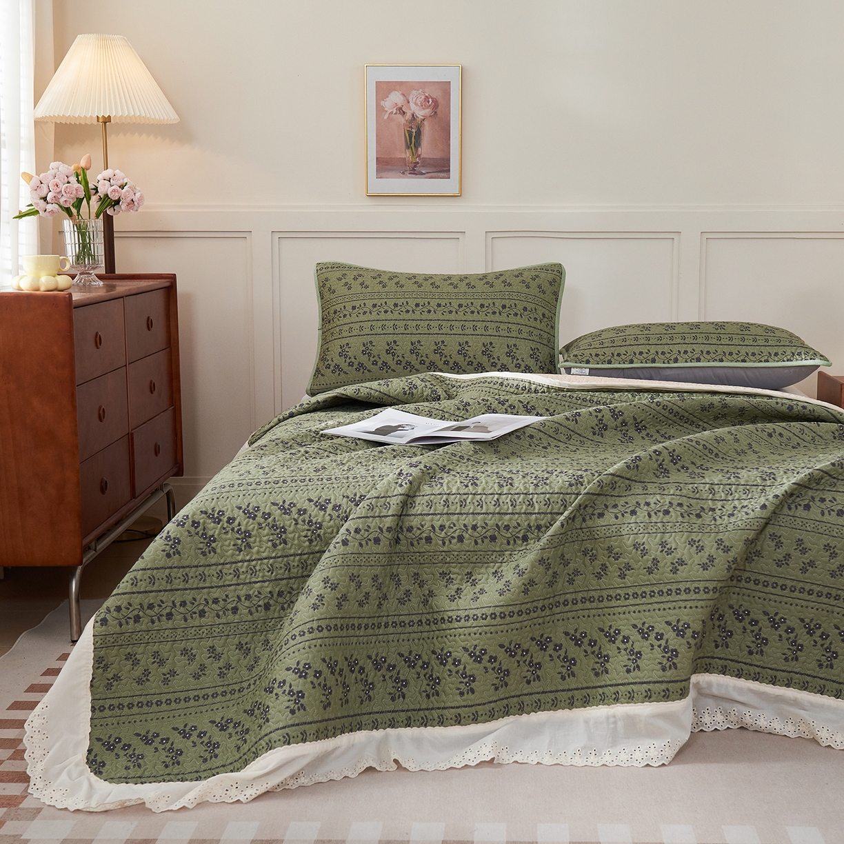 91家纺网 家纺一手货源 找家纺 （总）拾小柒 2025年新款全棉双层纱床盖花边法式中古奶油风防滑床盖三件套