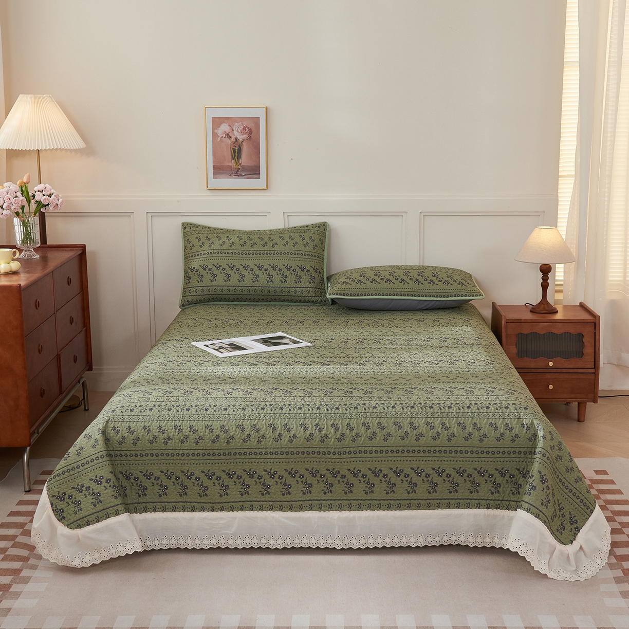 91家纺网 家纺一手货源 找家纺 （总）拾小柒 2025年新款全棉双层纱床盖花边法式中古奶油风防滑床盖三件套